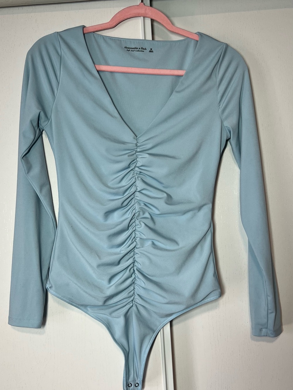 Abercrombie & Fitch Pale Blue Long-Sleeve Ruched V-Neck Bodysuit
